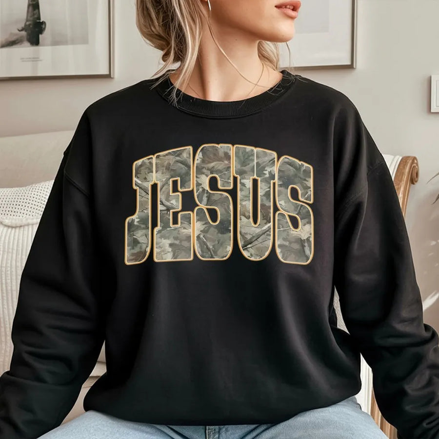 Jesus Sweatshirt | Camo Lettering Christian Graphic Design | Premium Cotton Blend Crewneck | Religious Gift for Men and Women
