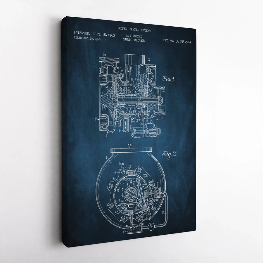 Turbo Blower Patent Print | Vintage Engineering Blueprint Wall Art | Premium Gallery Wrapped Canvas | Mechanical Engineer Gift Office Decor