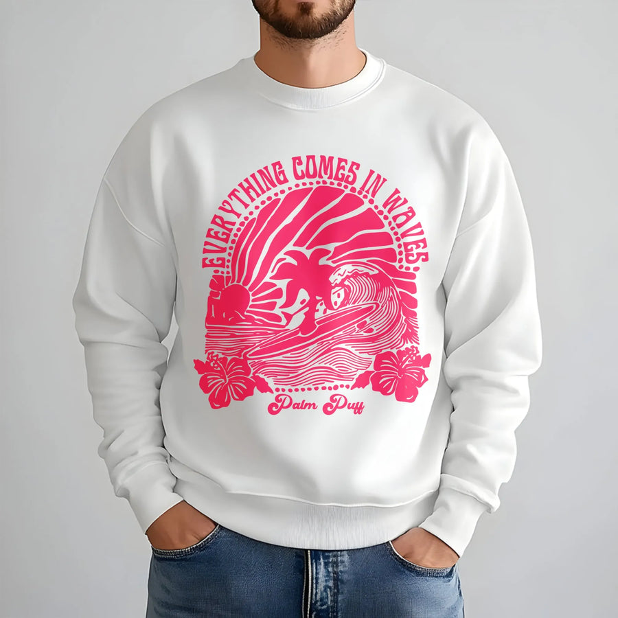 Everything Comes In Waves Sweatshirt | Coastal Boho Graphic Tee | Premium Cotton Blend Crewneck | Trendy Surfer Gift For Women And Teen Girls