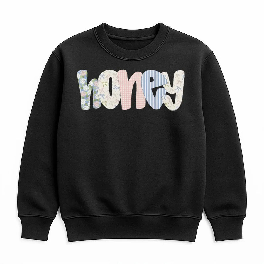 Coquette Honey Sweatshirt | Preppy Floral Bow Patchwork Graphic | Soft Cotton Blend | Aesthetic Spring Gift for Her