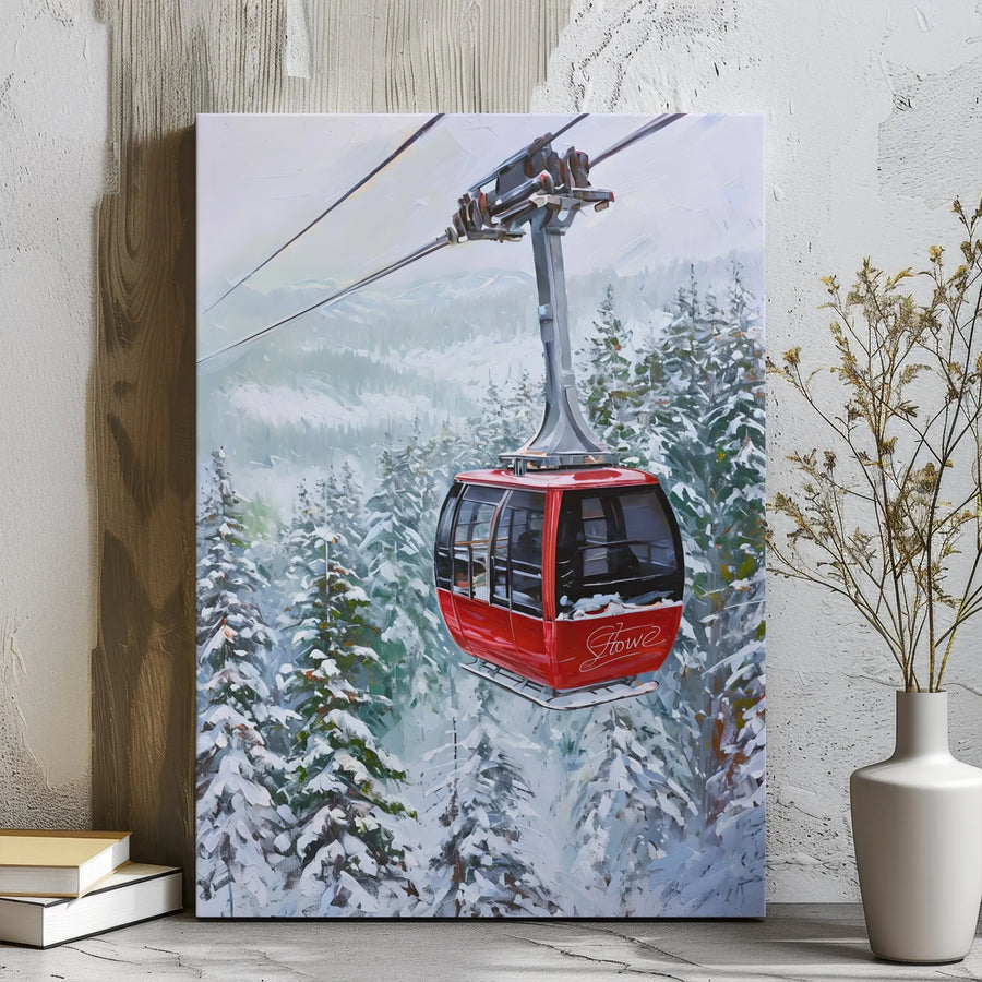 Stowe Ski Gondola Canvas Wall Art | Red Cable Car Winter Mountain Landscape | Premium Gallery Wrap Decor | Gift For Skiers & Snowboarders