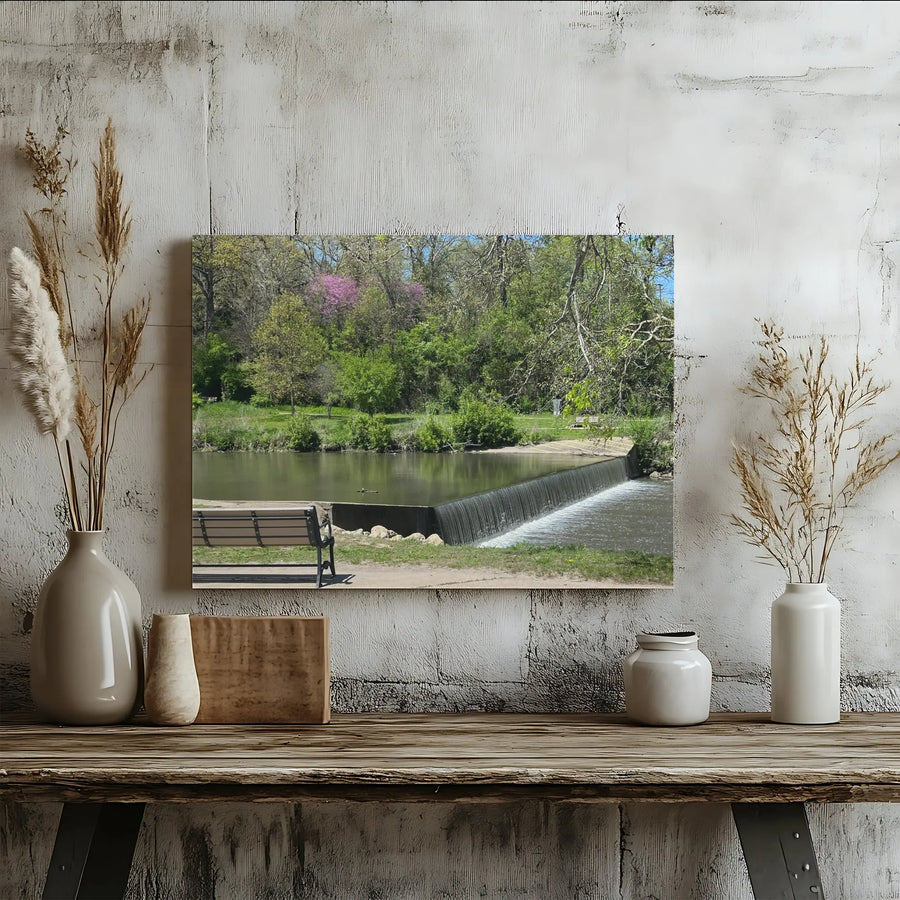 River Park Canvas Wall Art | Peaceful Waterfall & Spring Trees Photo | Premium Fade-Resistant Print | Serene Nature Decor Gift for Living Room