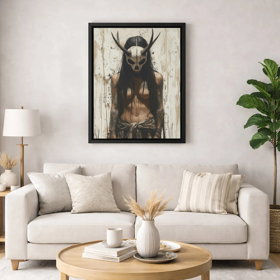 Gothic Skull Mask Canvas Wall Art | Dark Surrealism Tattooed Woman Portrait | Premium Gallery-Wrapped Print | Edgy Home Decor Gift
