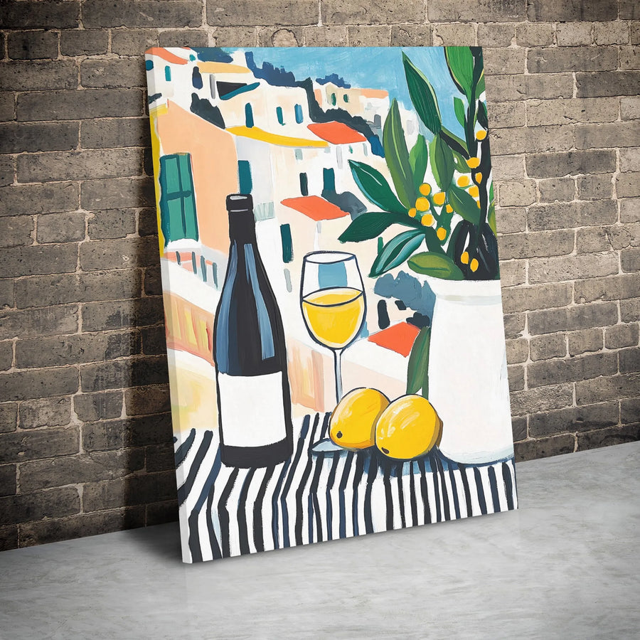 Mediterranean Still Life Canvas Art | Amalfi Coast Wine and Lemon Print | Gallery Wrap Premium Wall Decor | Kitchen and Dining Room Gift