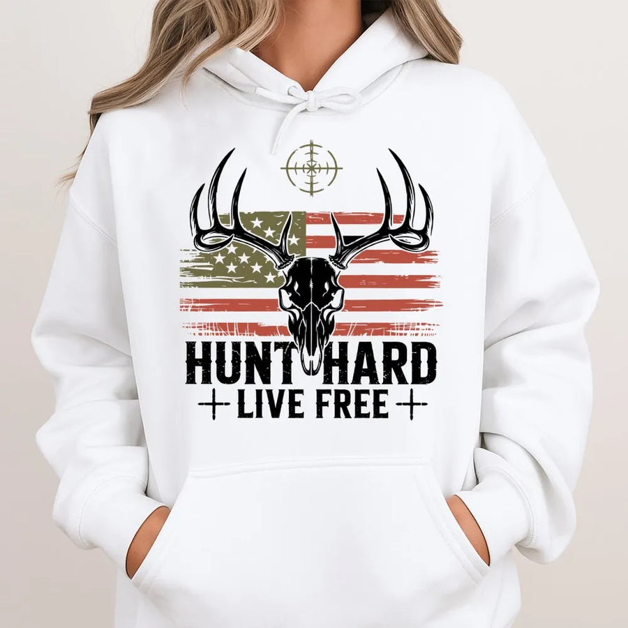 Hunt Hard Live Free Hoodie | Vintage Deer Skull American Flag Graphic | Premium Cotton Blend | Gift For Hunter Outdoorsman