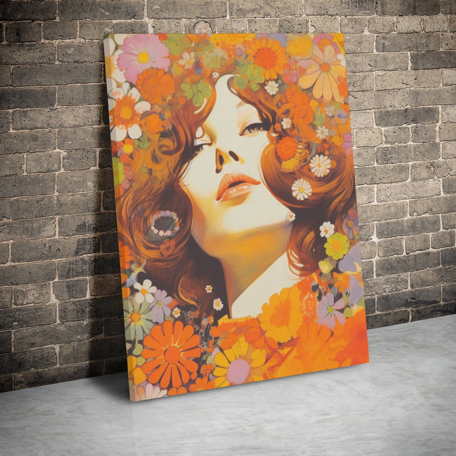 Retro 70s Flower Power Canvas Wall Art | Boho Floral Woman Portrait | Premium Gallery Wrap Decor | Gift for Hippie Aesthetic Lovers