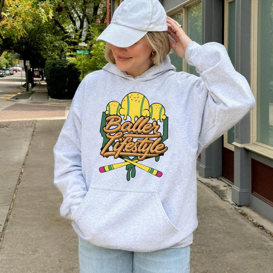 Baller Lifestyle Baseball Hoodie | Drip Aesthetic Graphic Pullover | Premium Cotton Blend | Gift for Baseball Players and Sports Fans
