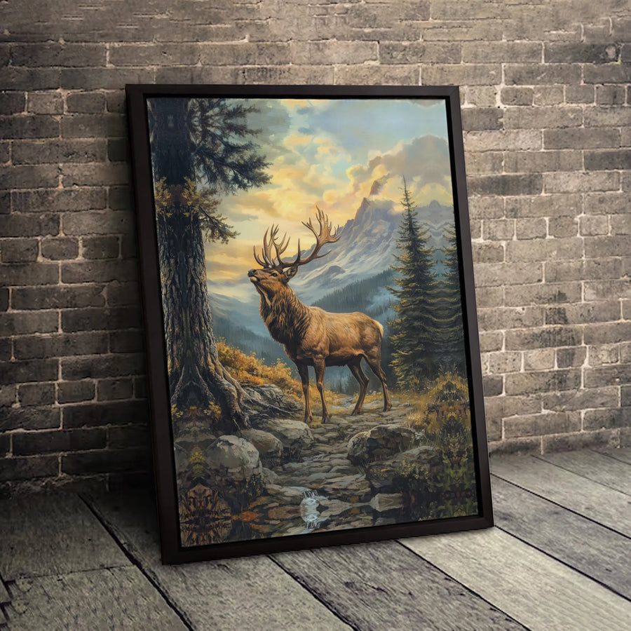 Majestic Bull Elk Canvas Print | Mountain Forest Sunset Landscape | 1.25 Inch Gallery Wrap | Wildlife Nature Wall Art Gift for Outdoorsmen