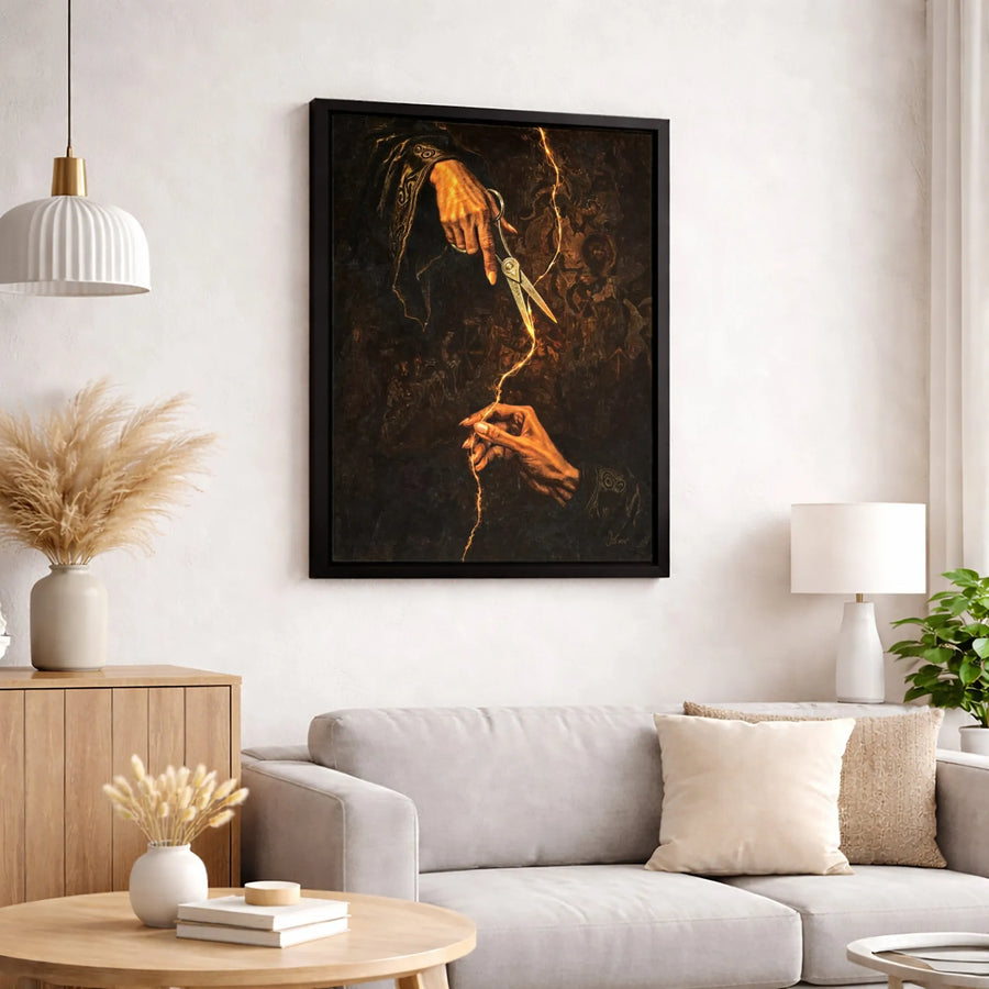 Atropos Cutting Life Thread Canvas | Greek Mythology Dark Academia Wall Art | Premium Gallery Wrapped Print | Gothic Home Decor Gift