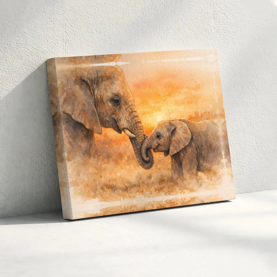 Elephant Mother and Baby Canvas Wall Art | Watercolor Safari Sunset Painting | Premium Gallery Wrapped Print | Nursery Decor Gift for Mom