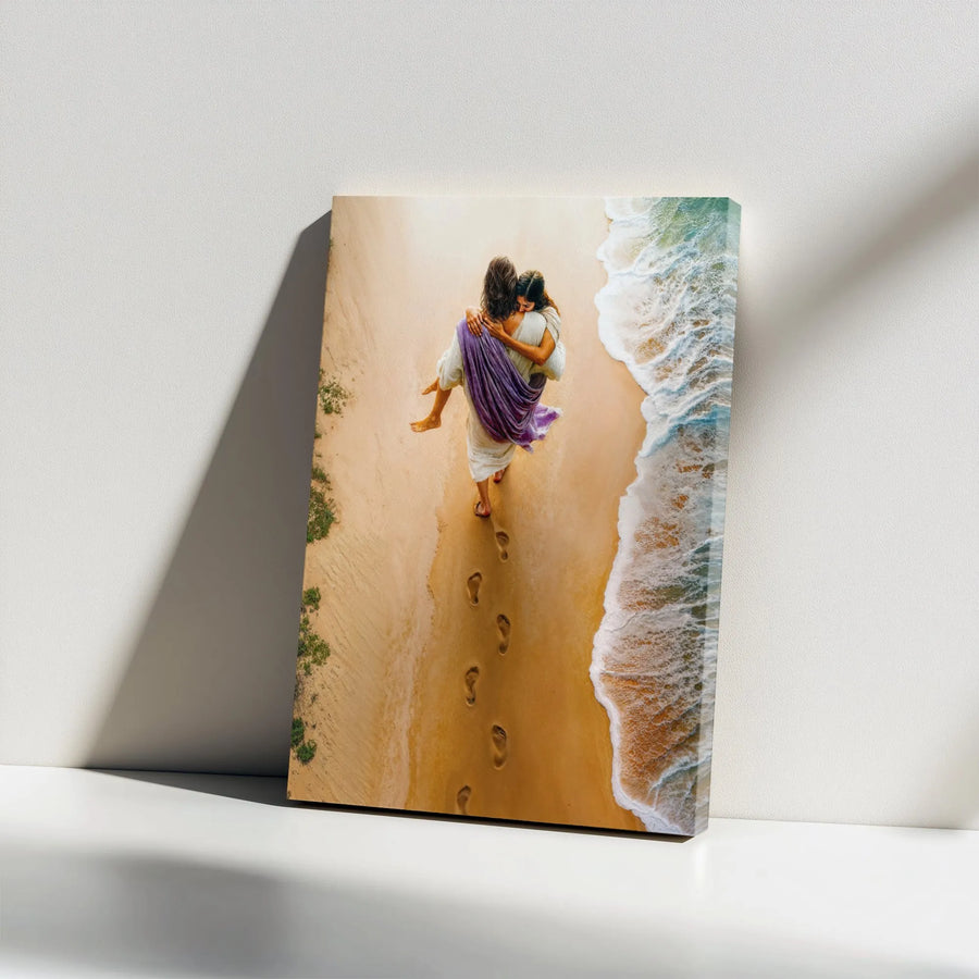 Jesus Carrying Woman Canvas Print | Footprints In The Sand Art | 1.25 Inch Gallery Wrap | Christian Home Decor Religious Gift