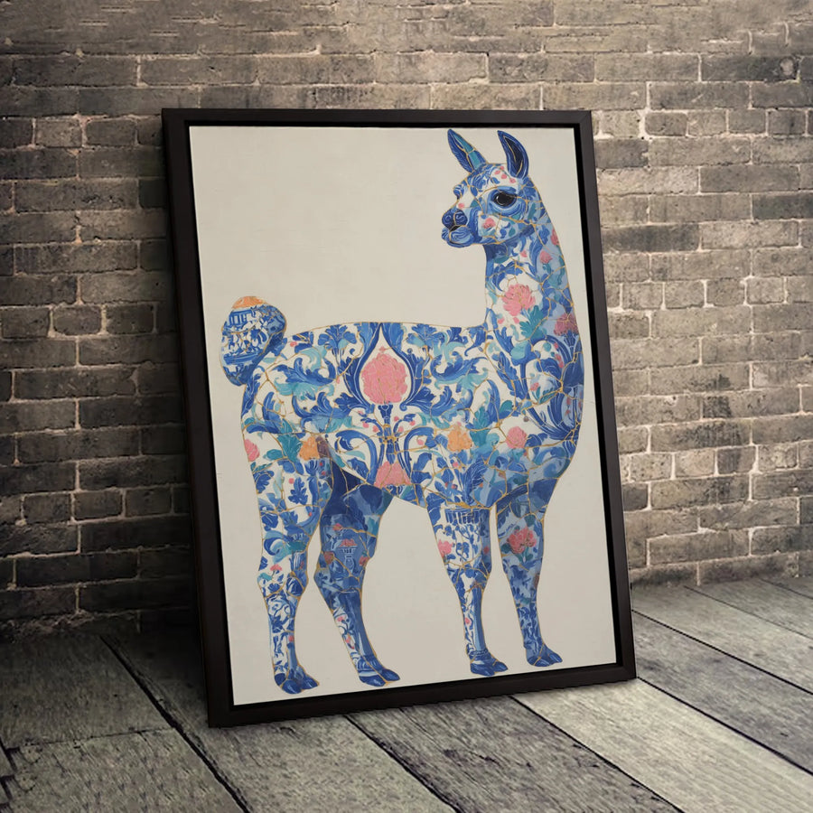 Llama Canvas Wall Art | Kintsugi Blue Floral Chinoiserie Design | Premium Gallery-Wrapped Print | Unique Home Office Decor Gift