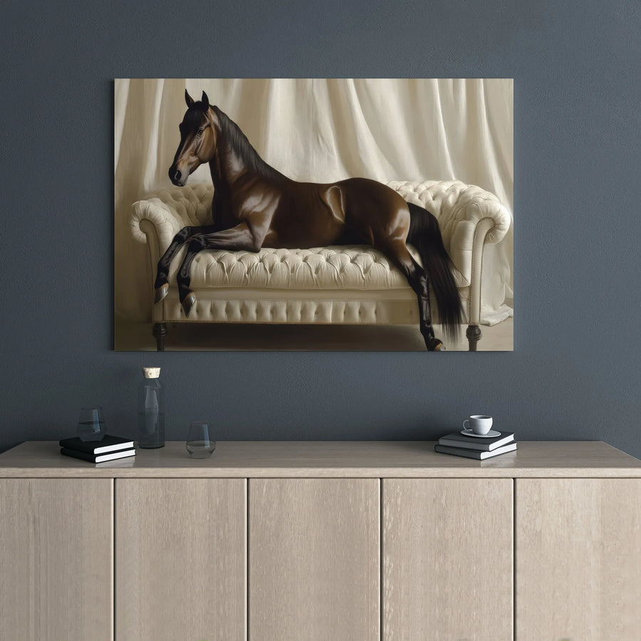 Brown Horse Canvas Wall Art | Elegant Equestrian Decor on Tufted Sofa | Gallery-Wrap Premium Canvas | Artistic Gift for Horse Lovers