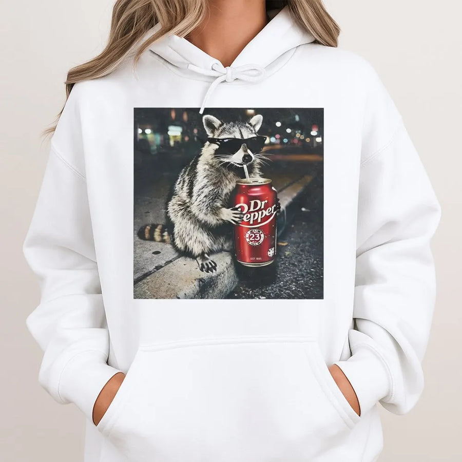 Raccoon Soda Meme Hoodie | Funny Vintage Animal Graphic Sweatshirt | Soft Cotton-Poly Blend | Trendy Streetwear Gift for Gen Z