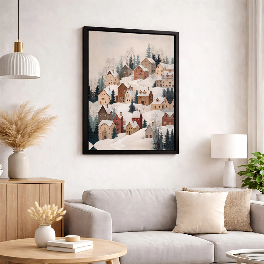Winter Village Canvas Wall Art | Snowy Mountain Town Landscape | Premium Gallery Wrapped Print | Festive Holiday Home Decor