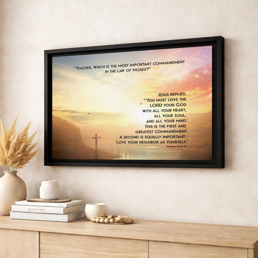 Matthew 22:36-39 Bible Verse Wall Art | Christian Cross at Sunset Design | Premium Gallery-Wrapped Canvas | Meaningful Religious Gift for Home Decor