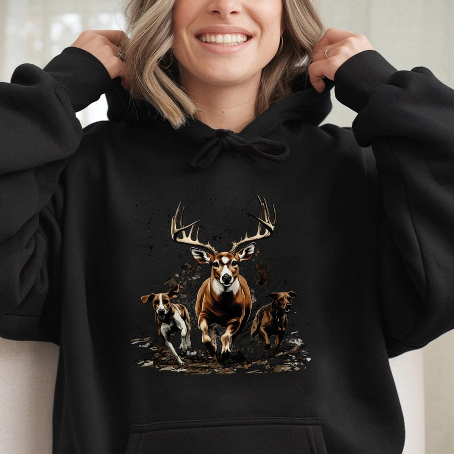 Deer Hunting Hoodie | Running Buck and Hounds Splatter Art | Premium Cotton-Poly Blend | Wildlife Outdoorsman Gift for Men and Women