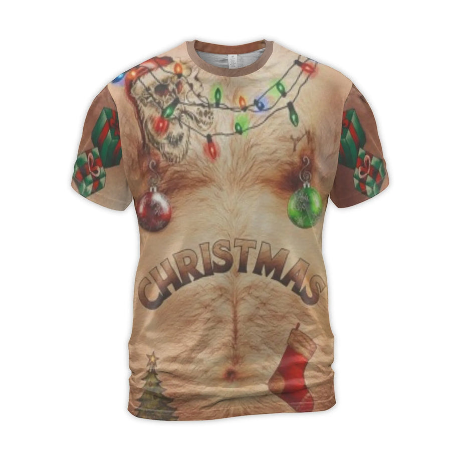 Hairy Chest Christmas T-Shirt | Realistic Ugly Xmas Sweater Print | Premium Stretch Jersey | Funny Holiday Gift for Men