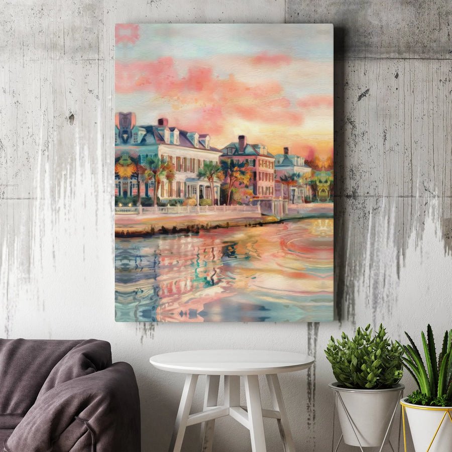 Charleston South Carolina Waterfront Canvas | Impressionist Sunset Harbor Cityscape | 1.25 Inch Gallery Wrap | Premium Coastal Home Office Decor