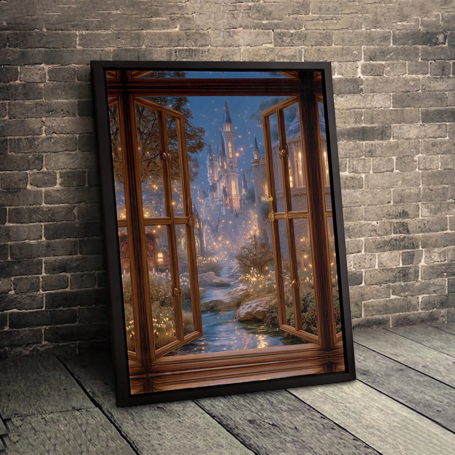 Magical Fantasy Castle Window Canvas Print | Enchanted Night Forest View Wall Art | Premium Fade-Resistant Gallery Wrap | Whimsical Home Decor Gift