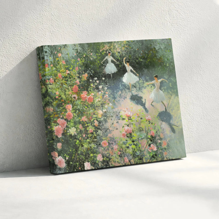 Ballerina Garden Canvas Wall Art | Impressionist Dancers in Rose Garden Painting | Premium Gallery Wrapped Canvas | Romantic Living Room Decor Gift
