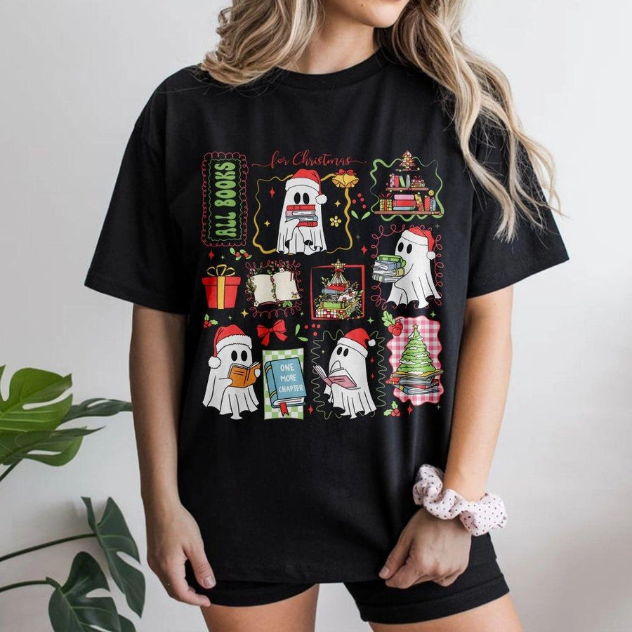 Book Lover Christmas T-Shirt | Cute Reading Ghost Graphic | Premium Cotton Unisex Tee | Funny Holiday Gift for Librarian Reader
