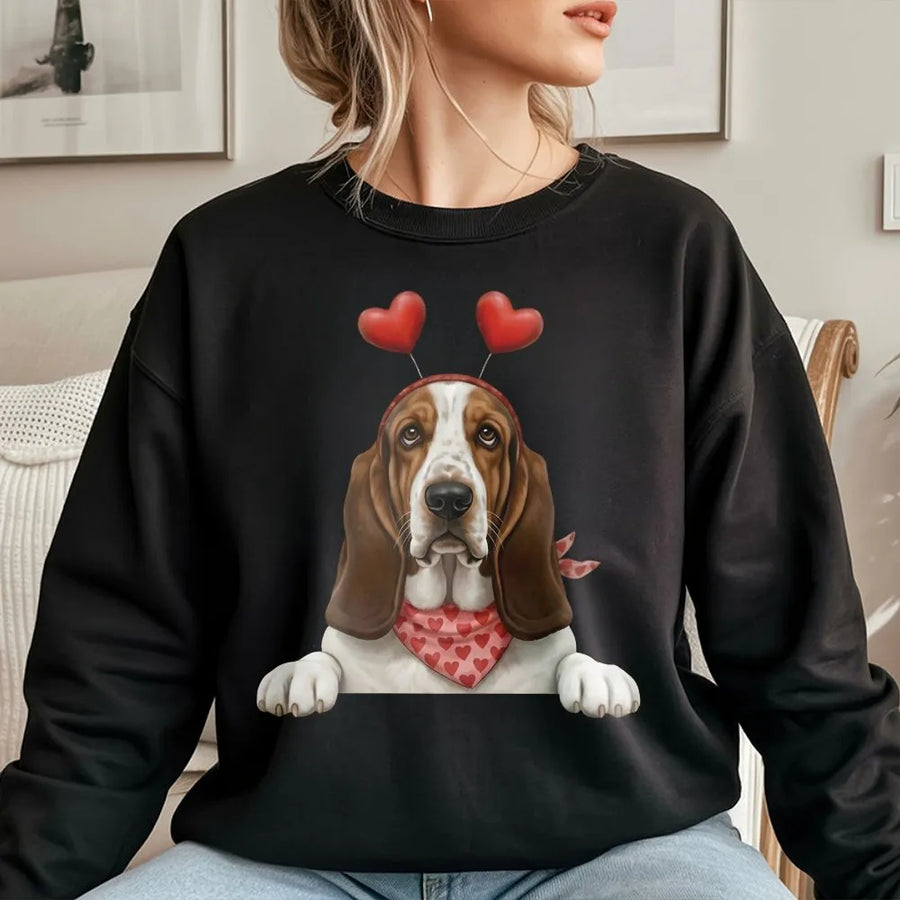 Basset Hound Valentine Sweatshirt | Cute Heart Headband Dog Design | Premium Cotton Blend | Gift for Dog Mom and Valentine Lover