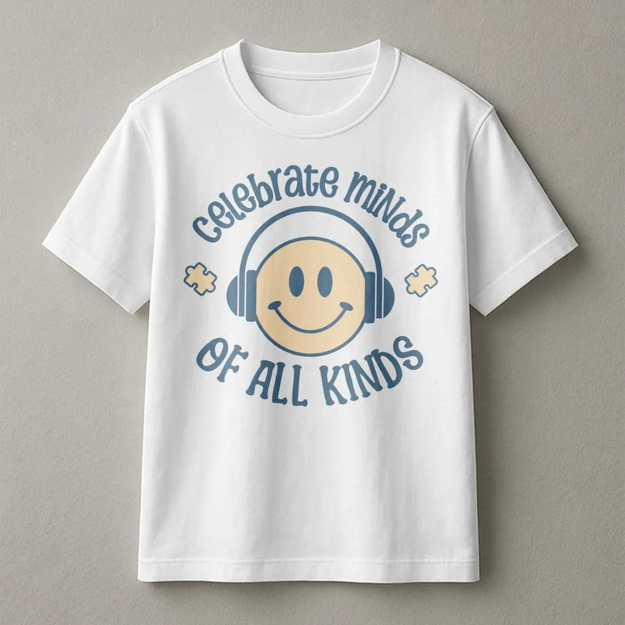Celebrate Minds Of All Kinds T-Shirt | Neurodiversity Awareness Smiley Face Graphic | Premium 100% Cotton Tee | Inclusive Gift For Autism Moms