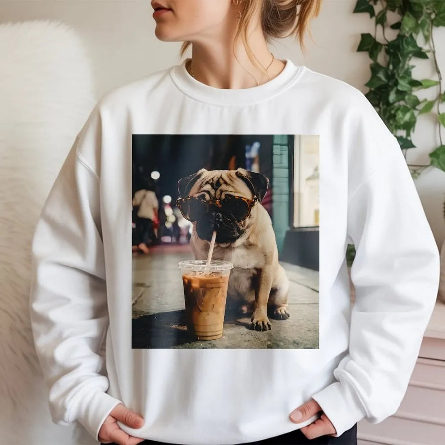 Pug Drinking Coffee Sweatshirt | Funny Dog with Sunglasses Graphic | Premium Soft Blend Sweatshirt | Gift for Pug Lover