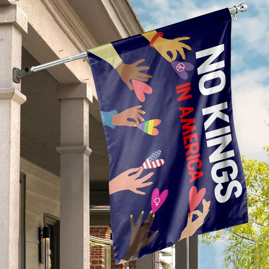 No Kings In America House Flag | Unity & Equality Diversity Hearts Design | Durable Weather-Resistant Polyester | Patriotic Garden Decor Statement