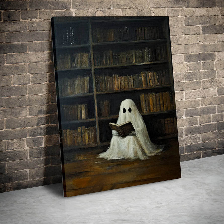 Ghost Reading Book Canvas Wall Art | Dark Academia Library Decor | Premium Gallery Wrapped Canvas | Spooky Book Lover Gift