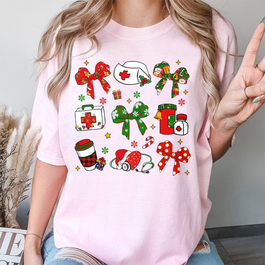 Nurse Christmas T-Shirt | Coquette Aesthetic Holiday Medical Design | 100% Cotton Premium Tee | Cute RN Nursing Student Gift