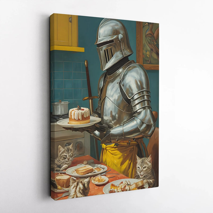 Knight Serving Cake to Cats Canvas Print | Whimsical Medieval Kitchen Decor | Premium Fade-Resistant Wall Art | Unique Birthday Gift for Cat Lovers