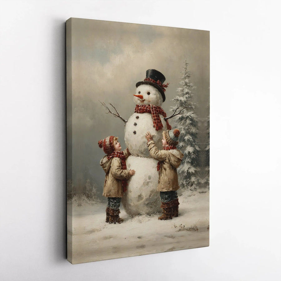 Vintage Christmas Canvas Print | Children Building Snowman Wall Art | 1.25 Inch Gallery Wrap | Holiday Home Decor Gift
