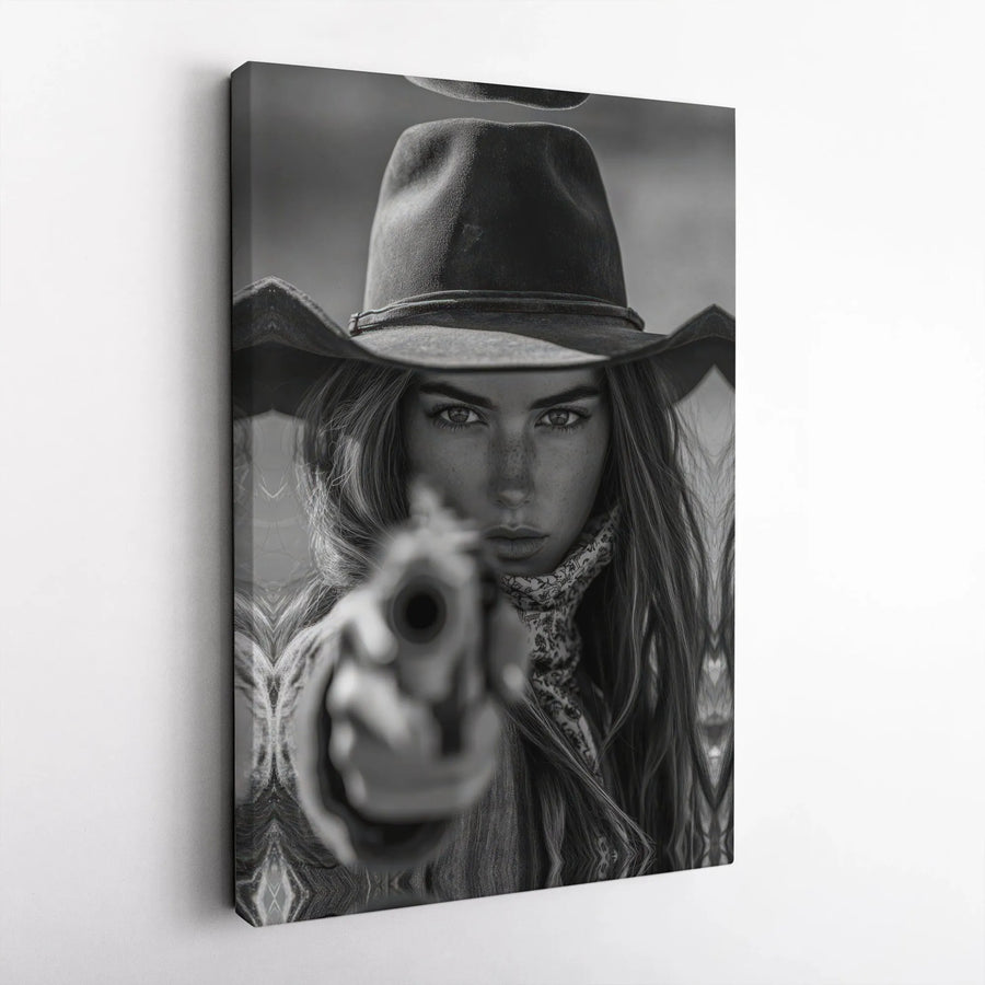Cowgirl Wall Art | Black and White Western Portrait | Gallery-Wrapped Canvas Print | Rustic Home Decor Gift for Bedroom or Office