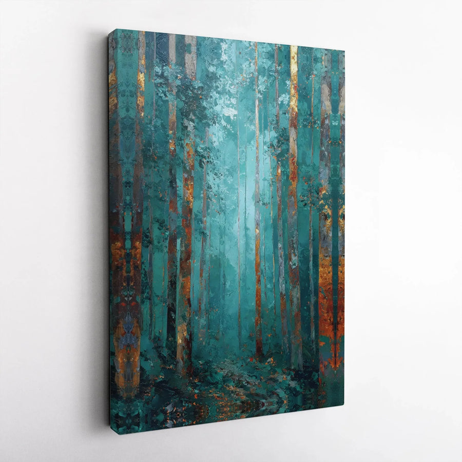 Abstract Forest Canvas Wall Art | Teal and Rust Impressionist Woodland Print | Premium 1.25” Gallery Wrap | Modern Home Office Decor Gift