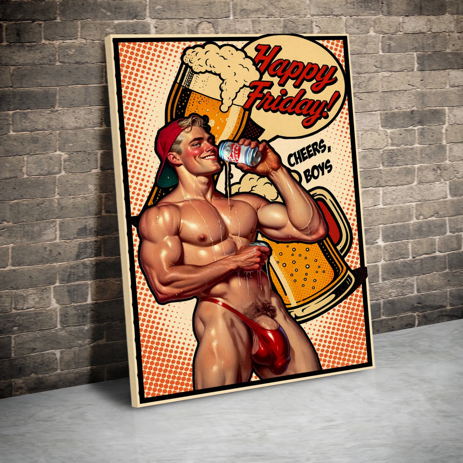 Gay Bar Decor Canvas | Happy Friday Beer Pop Art Print | Premium Masculine Wall Art | Gift for Him or Man Cave