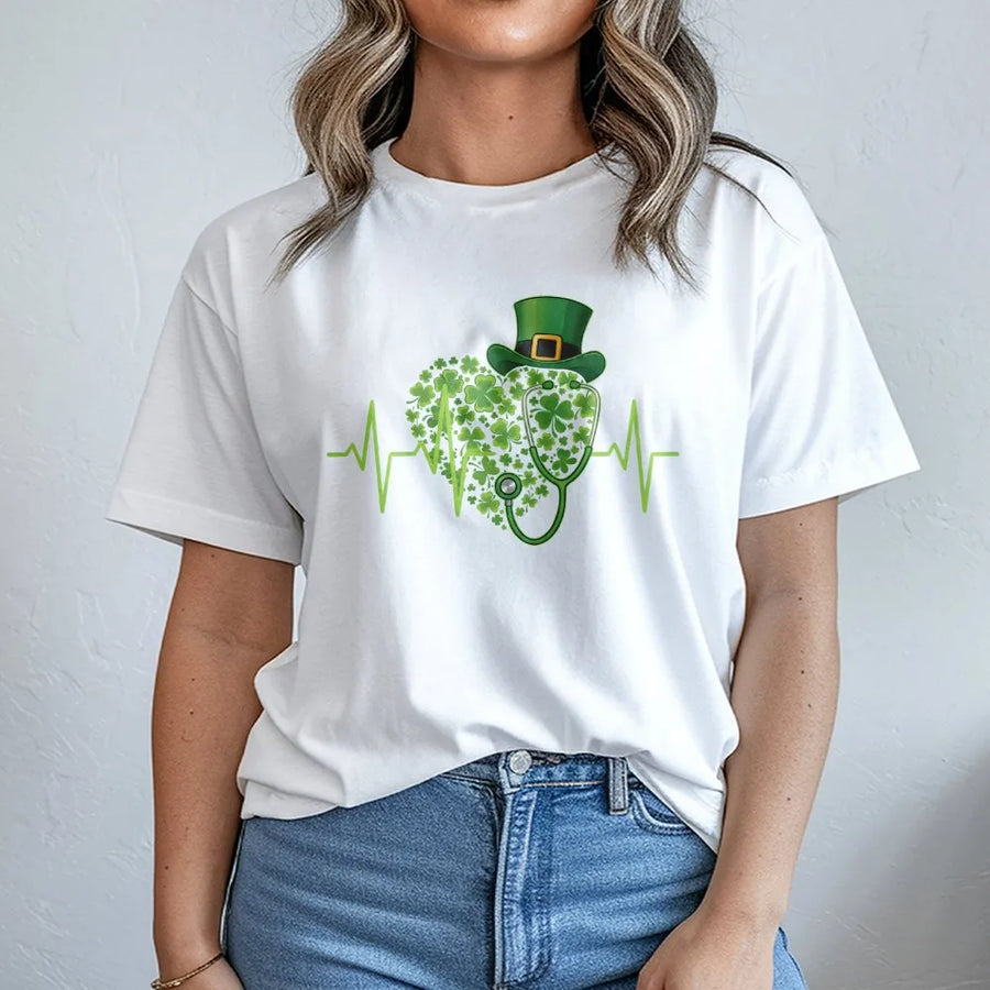 St Patrick's Day Nurse T-Shirt | Shamrock Heartbeat Stethoscope Design | 100% Premium Cotton | Medical Professional Holiday Gift