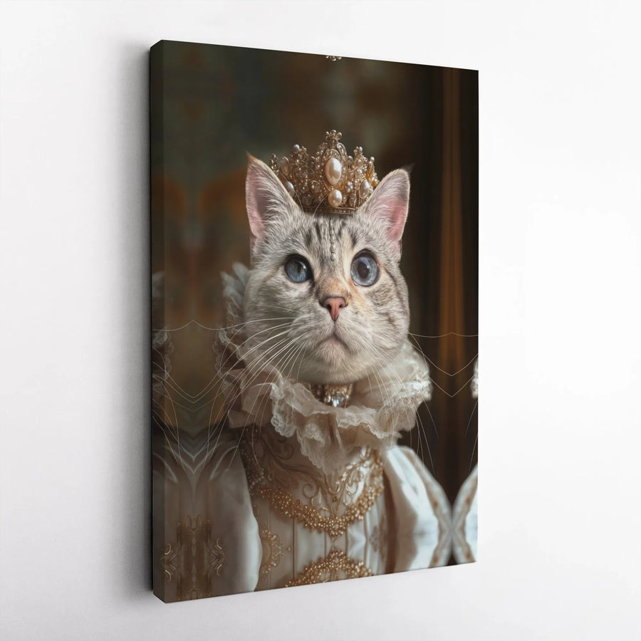 Queen Cat Canvas Wall Art | Funny Renaissance Pet Portrait with Crown | Premium Gallery Wrapped Canvas | Collector's Gift for Cat Lover