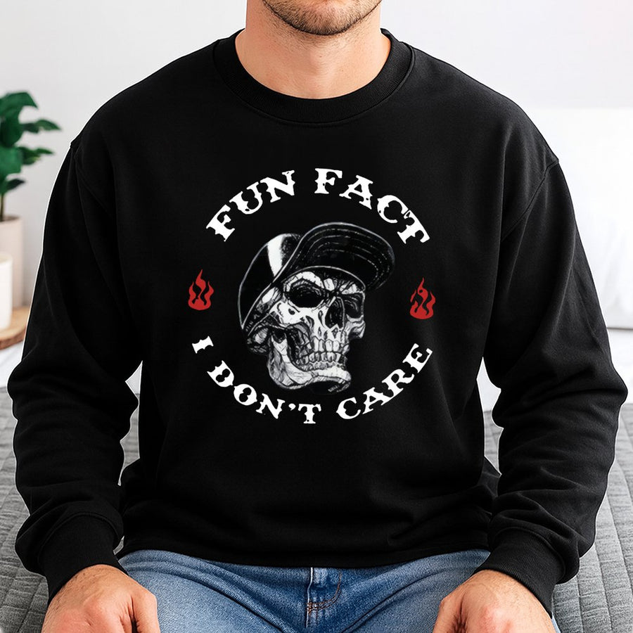 Fun Fact I Don't Care Skull Sweatshirt | Edgy Streetwear Graphic Print | Cotton Blend Crewneck | Unisex Sarcastic Gift for Men and Women