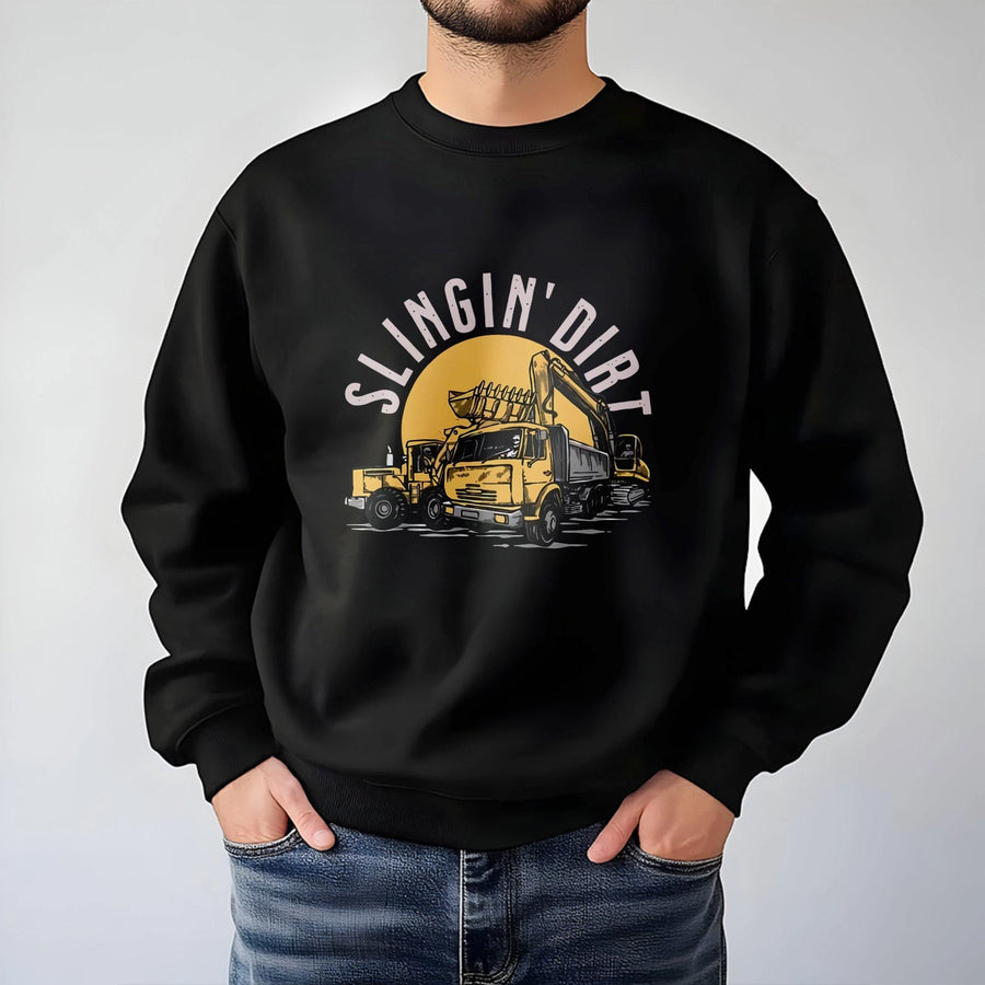 Slingin' Dirt Excavator Sweatshirt | Construction Truck Graphic Tee | Premium Cotton Blend Crewneck | Gift for Heavy Equipment Operator