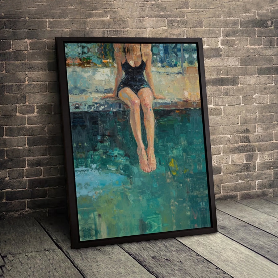 Woman Sitting By Pool Canvas Print | Abstract Oil Painting Style | Premium Fade-Resistant Gallery Wrap | Modern Home Decor Wall Art