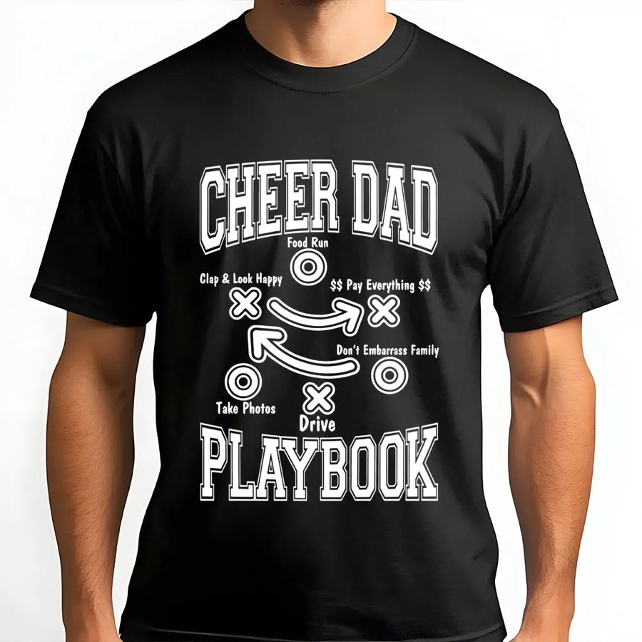 Cheer Dad Playbook T-Shirt | Funny Football Style Coaching Design | 100% Cotton Premium Tee | Best Gift for Cheerleading Fathers