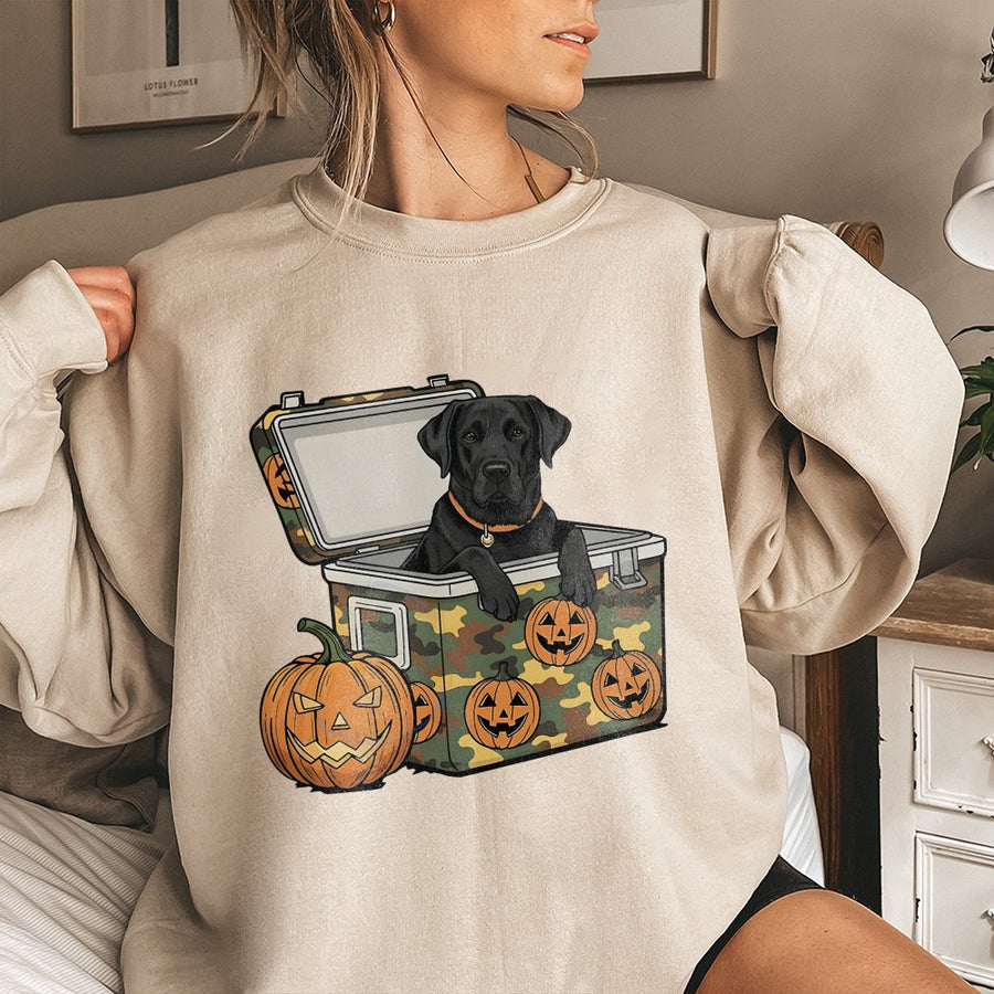 Black Lab Halloween Sweatshirt | Camo Cooler Pumpkin Design | Soft Cotton Blend Crewneck | Spooky Fall Hunting Gift for Dog Lovers