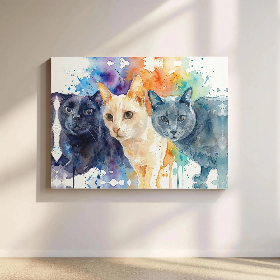 Three Cats Watercolor Canvas Wall Art | Colorful Abstract Pet Portrait | Premium 1.25-Inch Gallery Wrap | Modern Home Decor Gift for Cat Lovers