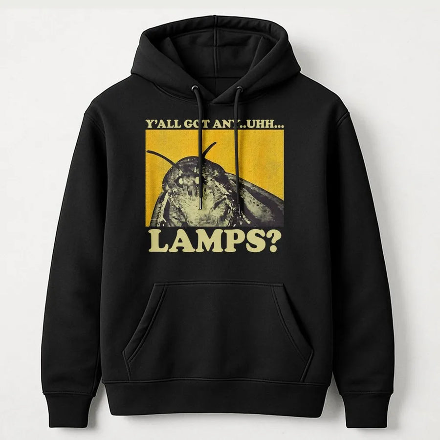 Moth Lamp Meme Hoodie | Y'all Got Any Uhh Lamps Funny Graphic | Premium Cotton Blend Pullover | Unisex Internet Culture Gift For Gamers
