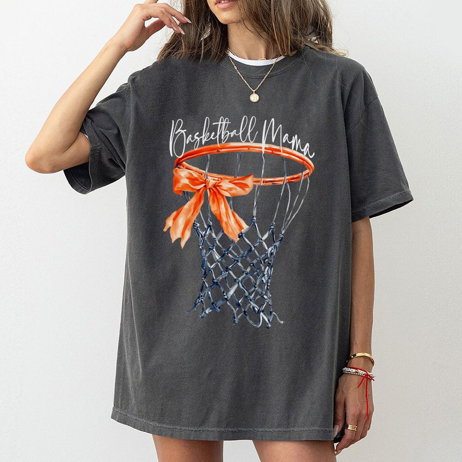 Basketball Mama T-Shirt | Watercolor Hoop Bow Graphic | Premium 100% Cotton Tee | Sports Mom Basketball Season Fan Gift