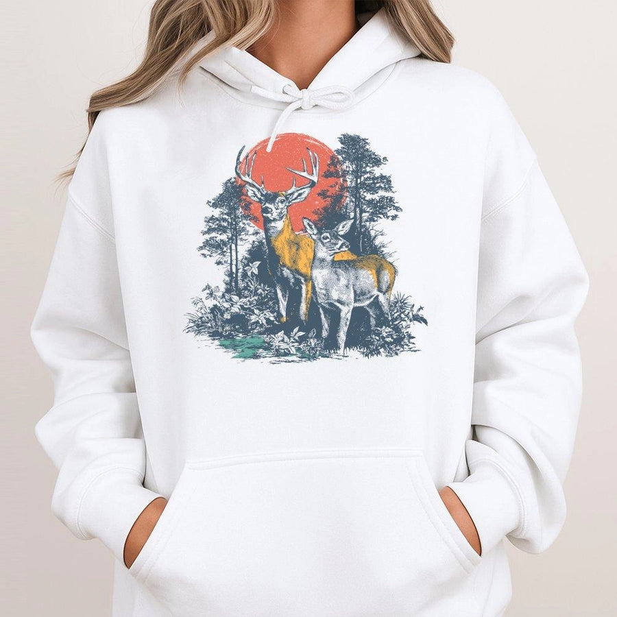 Deer Hunting Hoodie | Vintage 90s Forest Graphic Art | Premium Cotton-Poly Blend | Gift for Outdoorsmen and Nature Lovers