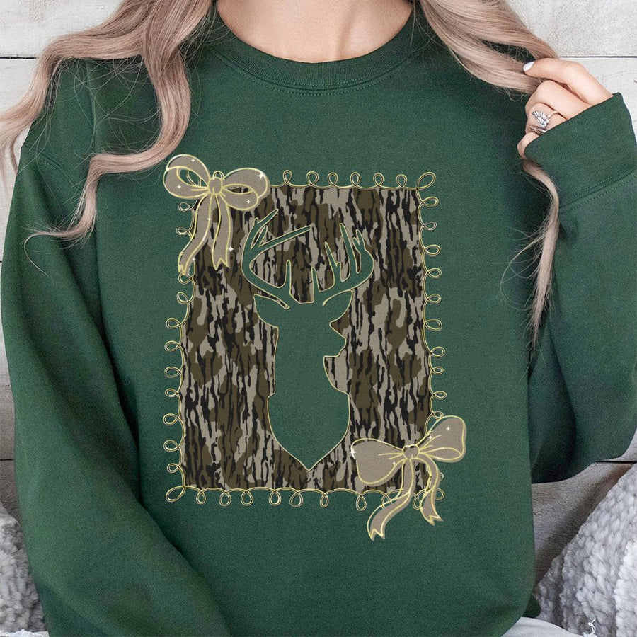 Deer Camo Bow Sweatshirt | Coquette Aesthetic Hunting Gift | Premium Cotton Blend Crewneck | Trendy Preppy Fall Apparel For Women