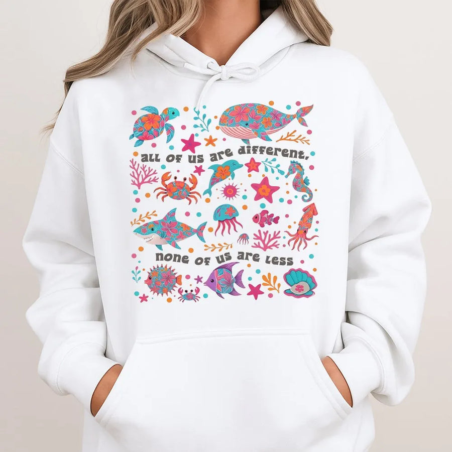 Neurodiversity Hoodie | All Of Us Are Different Sea Life Graphic | Premium Cotton Blend | Gift For Special Education Teacher & Autism Awareness
